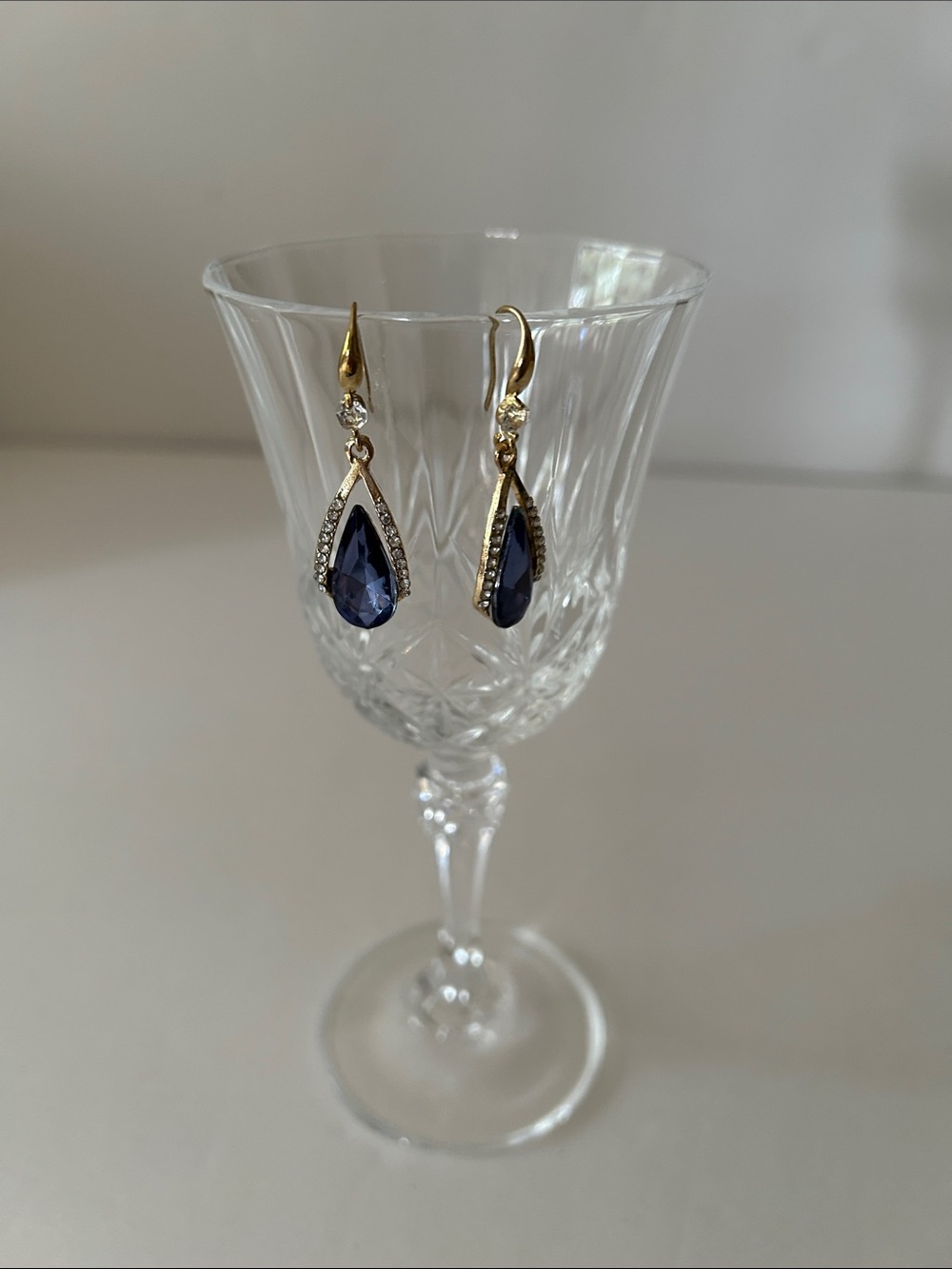 Gold-Tone Navy Teardrop Crystal Earrings